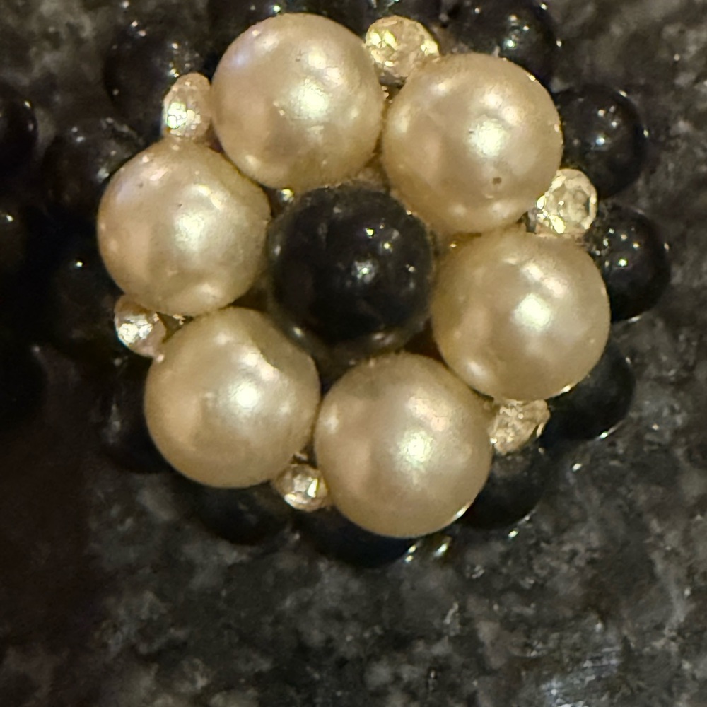 Vintage Earrings Black and Pearl Rhinestone Cluster Clip-Ons - Picture 8 of 10